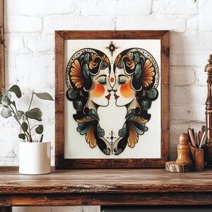 Vintage Tattoo Flash Gemini Zodiac Wall Art - Inspired Print